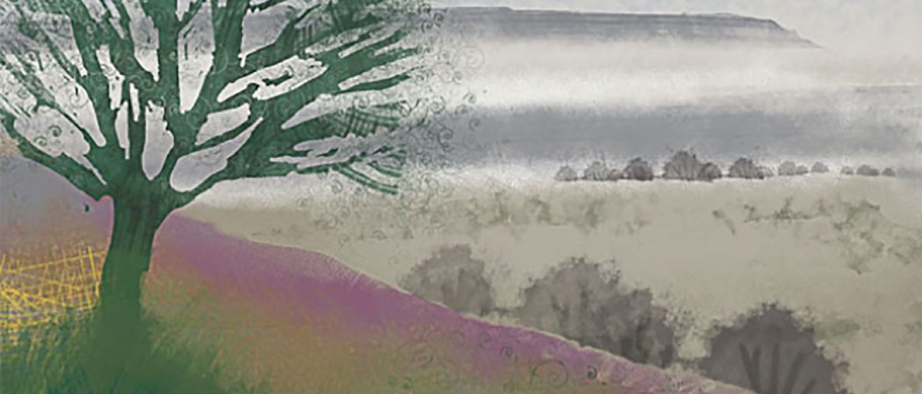 graphic style wintry tree on hillside in fog, purple and misty tones