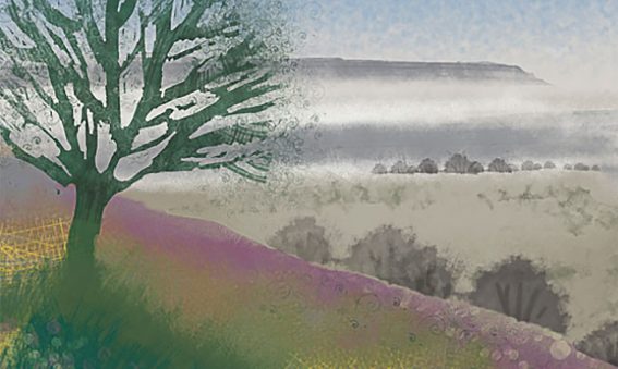 graphic style wintry tree on hillside in fog, purple and misty tones