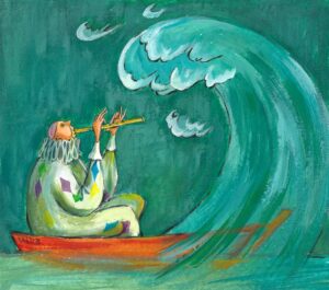 Painting of musician sat in boat under wave
