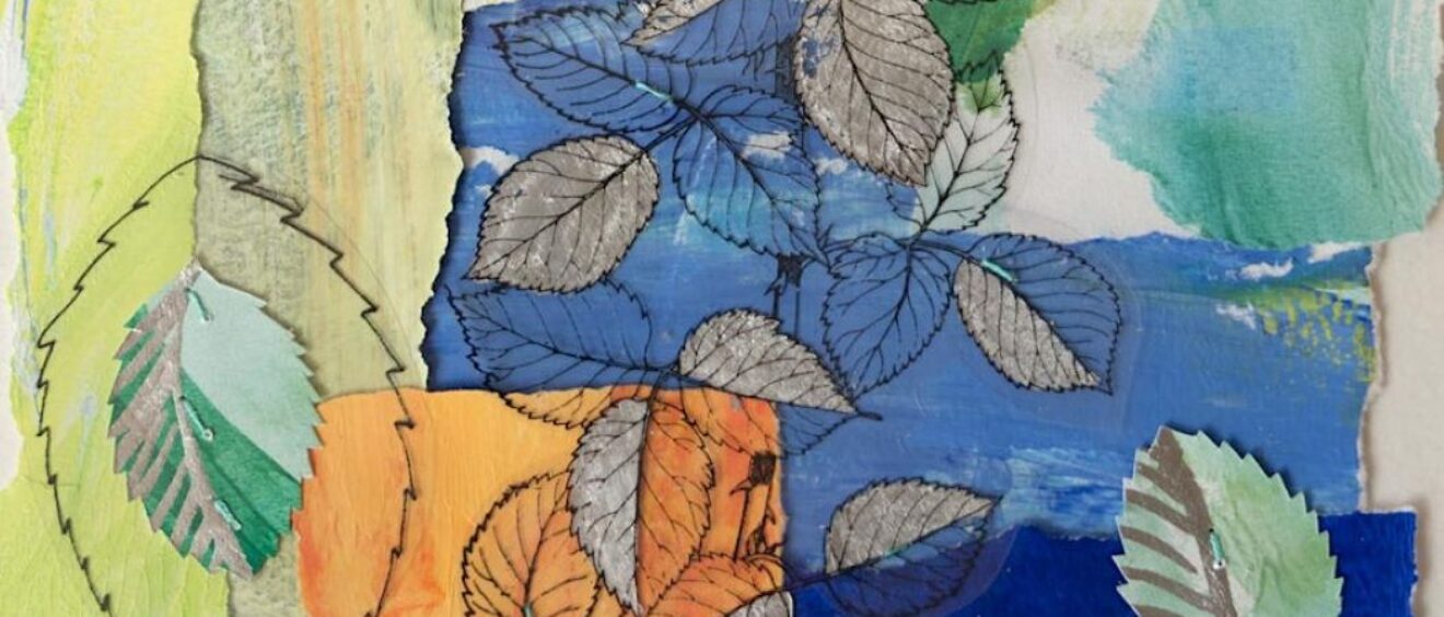 Artwork with collage leaves and stitches