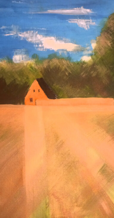 Painting of corn field, barn and blue sky