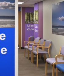Blue coloured seating, with blue wall panel and beach artwork