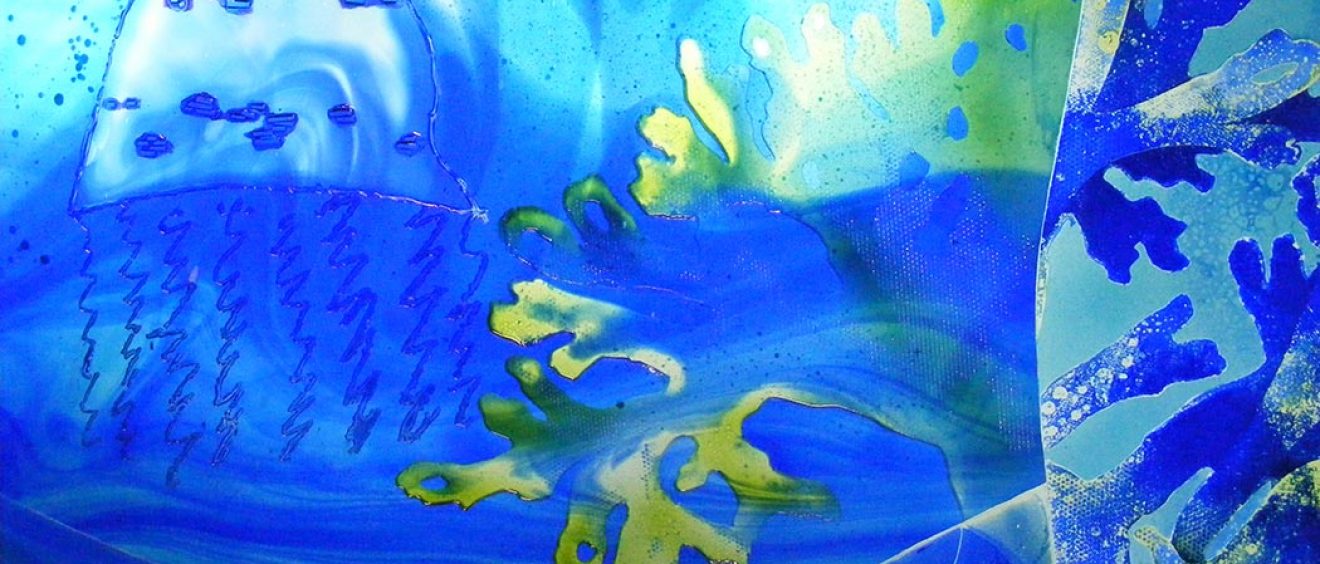 turquoise, blue and green seaweed and jelly fish shapes underwater design on glass