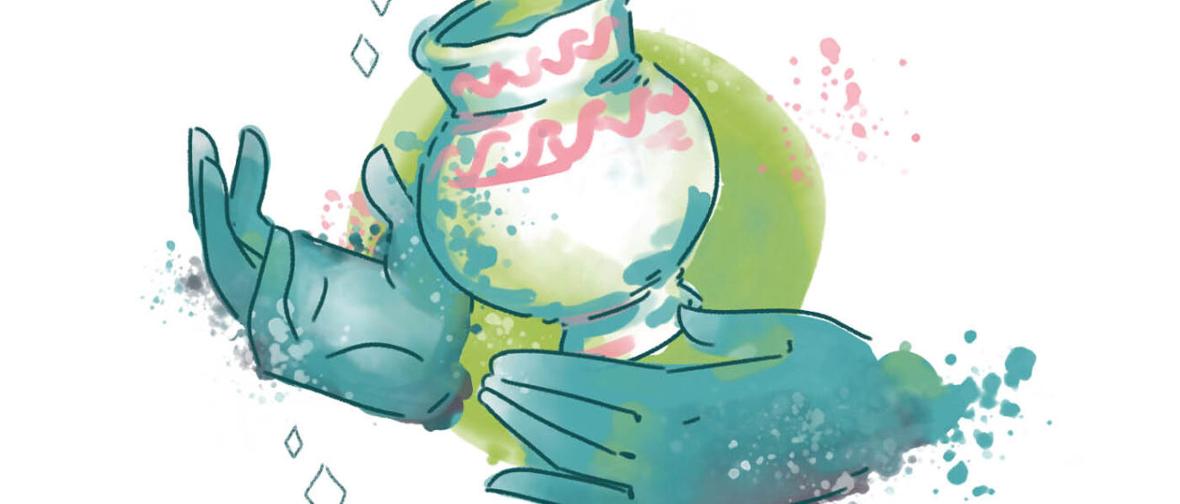 colour illustration of hands around a ceramic pot