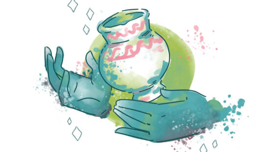 colour illustration of hands around a ceramic pot