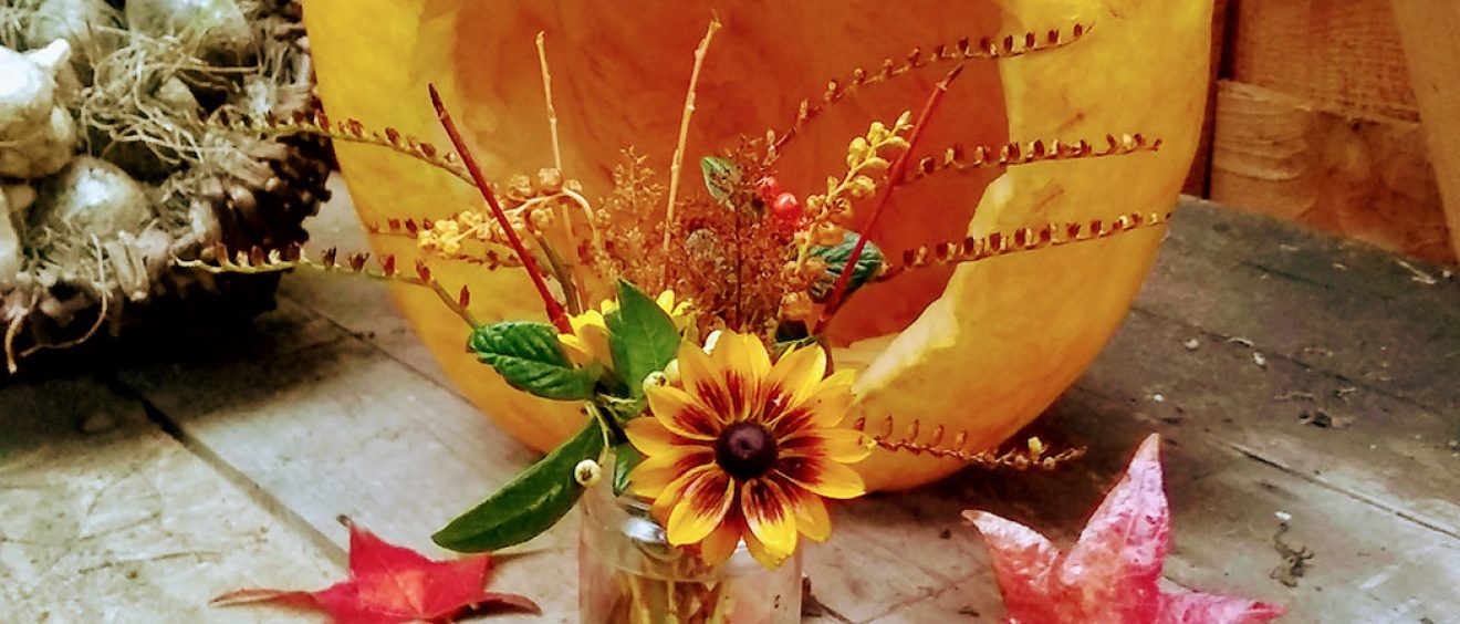 pumpkin with heart shape carved out, conkers, leaves and a posy of flowers and stems in a jam jar