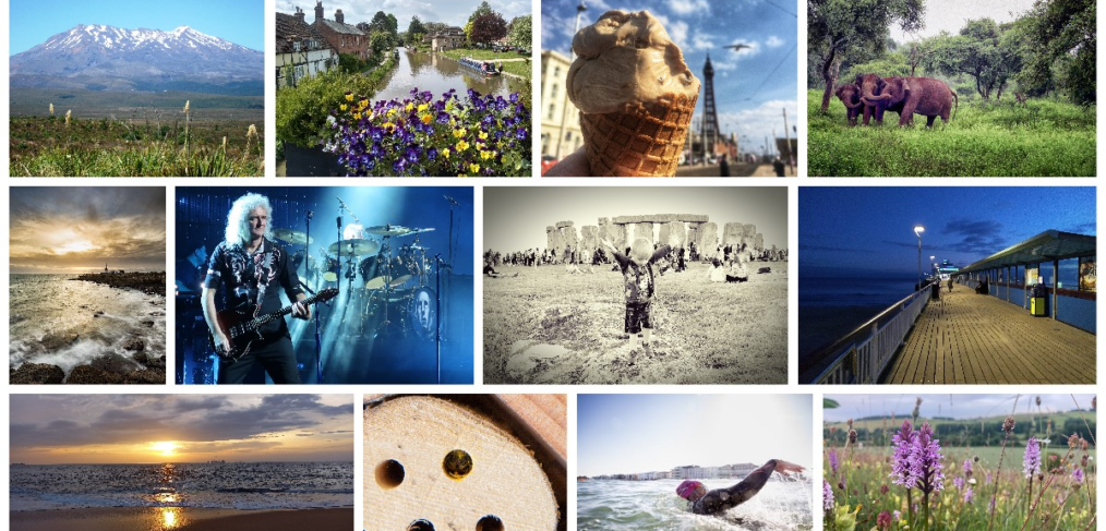 montage of staff photos on homeland theme including ice cream, elephants, stonehenge, swimming, mountains