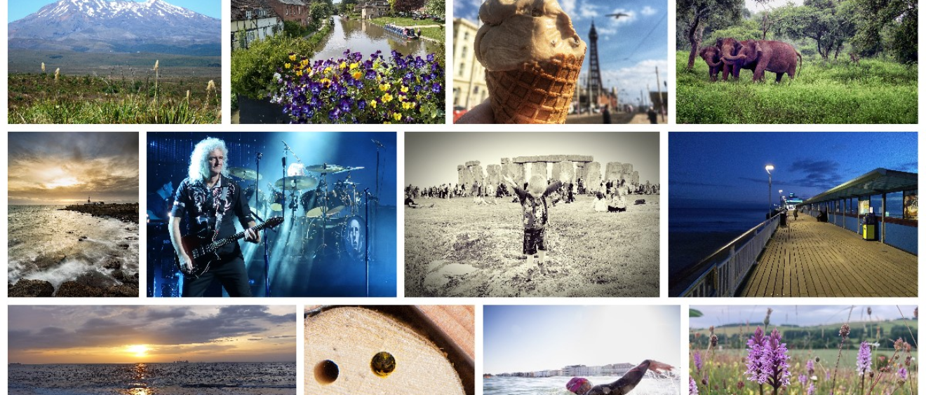 montage of staff photos on homeland theme including ice cream, elephants, stonehenge, swimming, mountains
