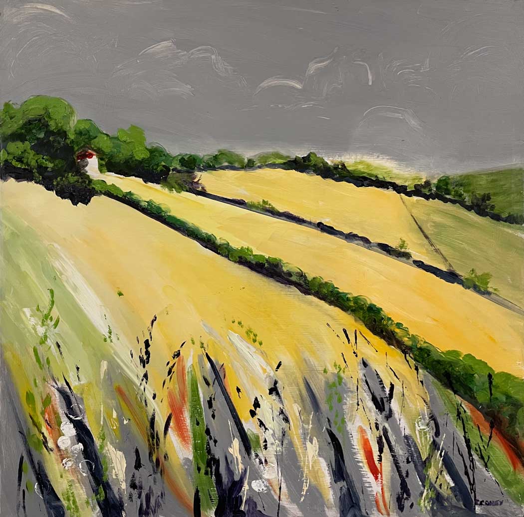 a painting of yellow fields and foreground flowers