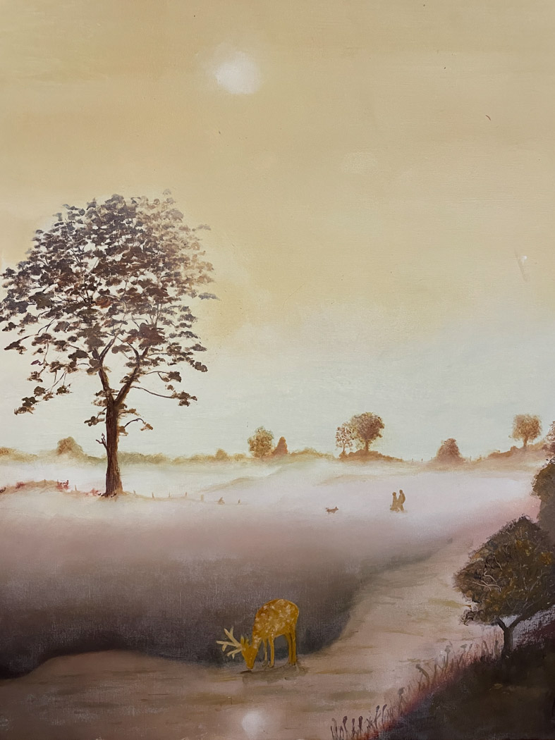 Painting of misty landscape a tree and deer in the foreground