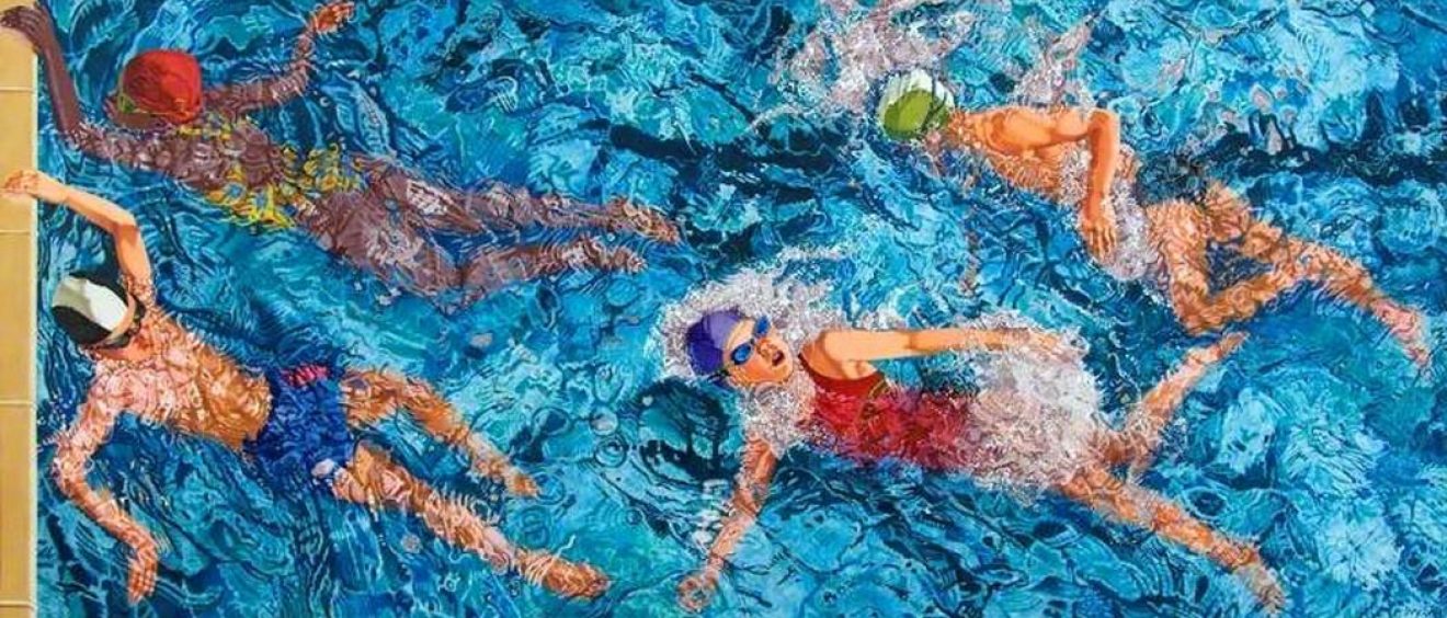 oil painting showing swimmers in brightly coloured hats and costumes with lots of movement in the water of the pool