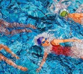 oil painting showing swimmers in brightly coloured hats and costumes with lots of movement in the water of the pool