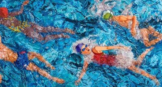 oil painting showing swimmers in brightly coloured hats and costumes with lots of movement in the water of the pool