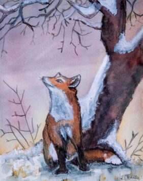 watercolour fox under snow covered tree