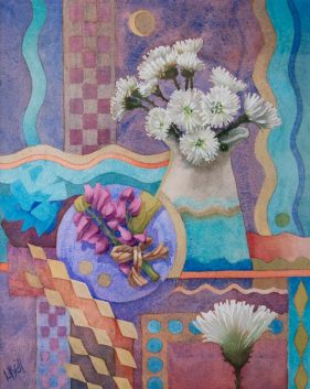 colourful abstract still life of white flowers in vase with wave, diamond and circle patterns