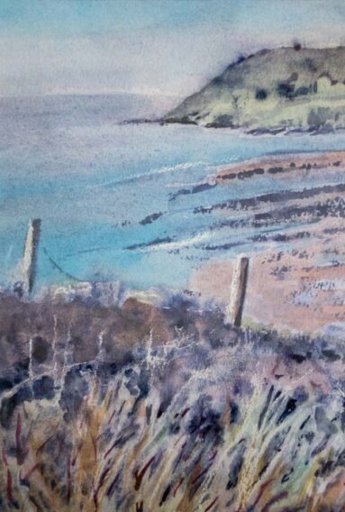 watercolour coastal headland scene muted colours