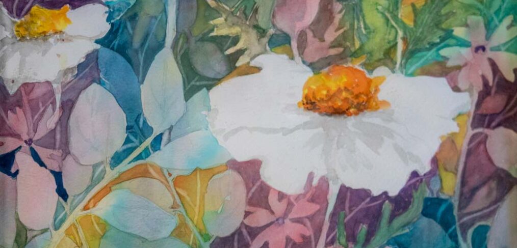 colourful watercolour of flower heads and leaf outlines layered together
