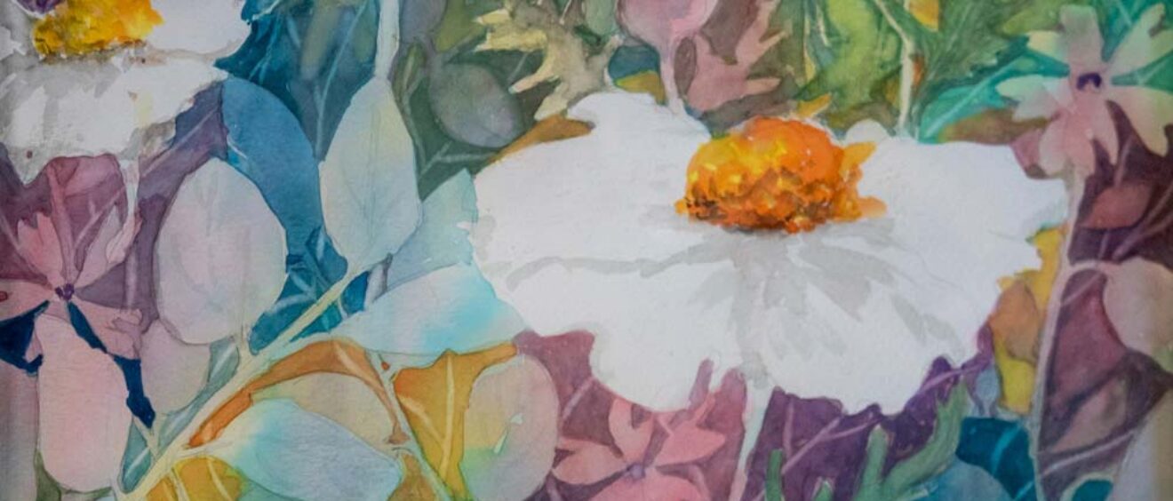 colourful watercolour of flower heads and leaf outlines layered together