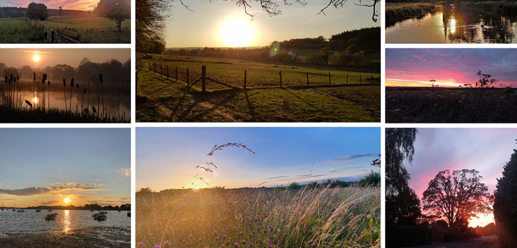 montage of sunset and sunrise images including fields, rivers and coast