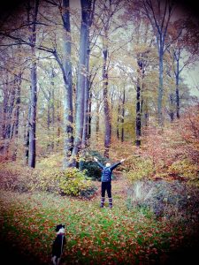 woman looking up at autumn trees arms outstretched, dog in foreground