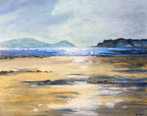 painting of shoreline looking out to sea in soft evening light