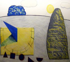 Graphic drawing of hilltop with standing stone and giant sundial