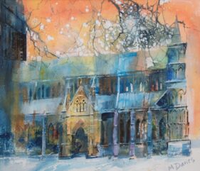 painting of Salisbury Catherdral in snow