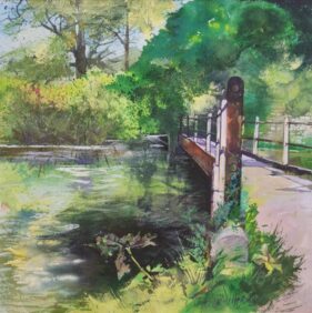painting of bridge leading over river, trees bordering