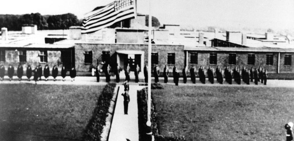 US soldiers WW2 on weekly parade retreat, Green, Salisbury Hospital