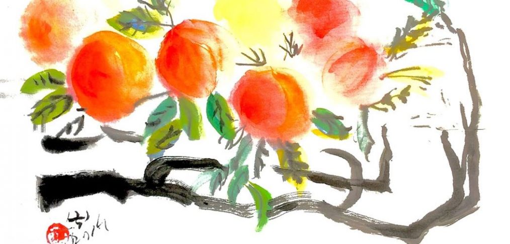 Chinese Brush painting of peaches on a branch