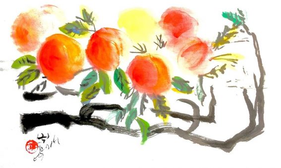 Chinese Brush painting of peaches on a branch