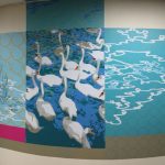 Abstract pattern, swans and water ripple shapes design - wall vinyl continuing into ceiling tiles
