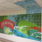 Abstract pattern, red bridge and river bank outline design - wall vinyl continuing into ceiling tiles