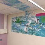 Abstract pattern, swans and water ripple design - wall vinyl continuing into ceiling tiles