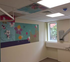 Abstract pattern and flower shapes design - wall vinyl continuing into ceiling tiles