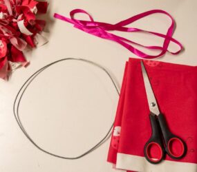 wire ring, scissors, ribbon and fabric ready to start