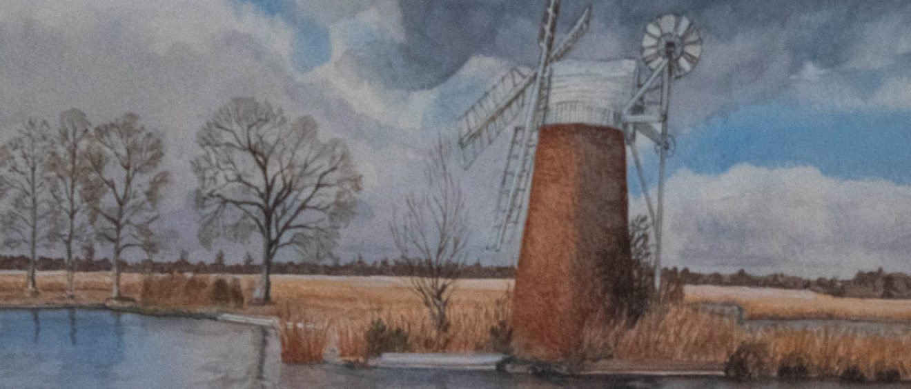 watercolour of windmill on banks of river, bare trees, cloudy sky