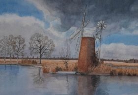 watercolour of windmill on banks of river, bare trees, cloudy sky