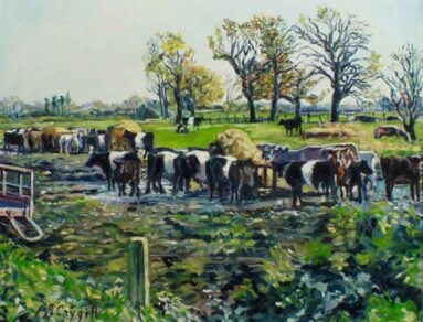 painting of course in field and feeding time eating hay from bales