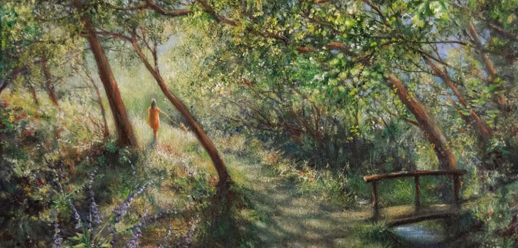 painting of woman in orange dress walking dog through forest in summer