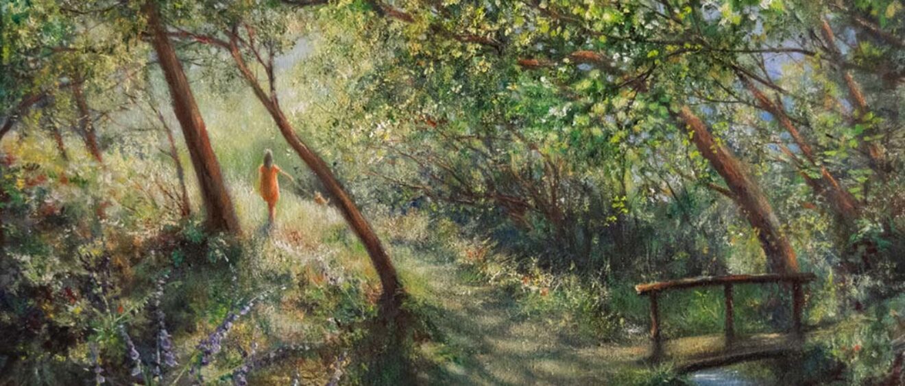 painting of woman in orange dress walking dog through forest in summer