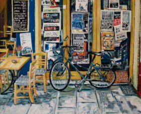 painting of bicycle, table and chairs outside a cafe, bill posters on the window