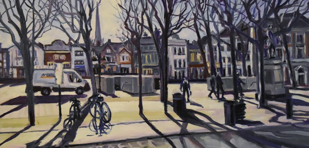 watercolour of market square scene - early morning light filtering through bare tree branches, pedestrians and a parked van