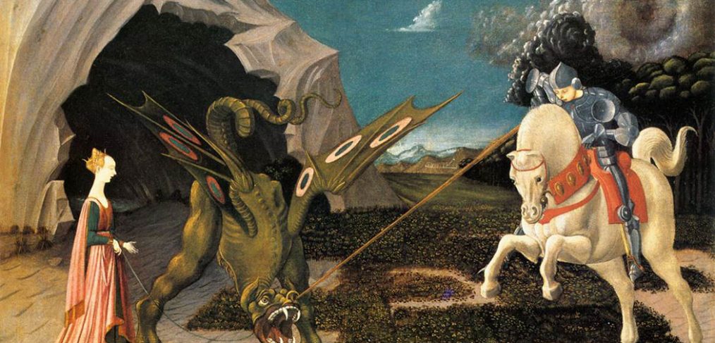 painting depicting St George in armour on horseback slaying dragon