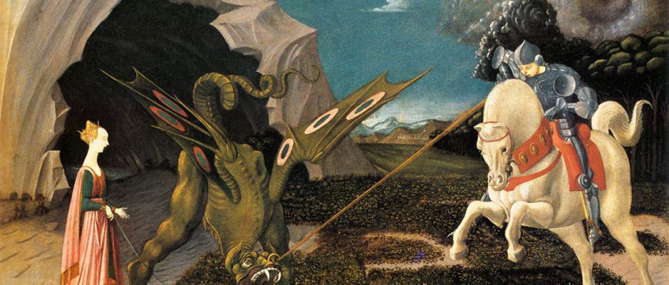 painting depicting St George in armour on horseback slaying dragon