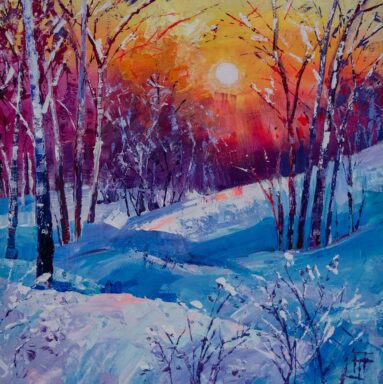 acrylic painting of gold, red, purple sunset behind snowy woodland