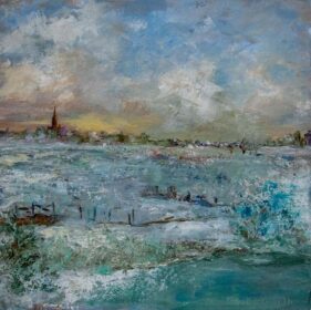 acrylic painting in muted blues of view across fields towards Salisbury Cathedral spire