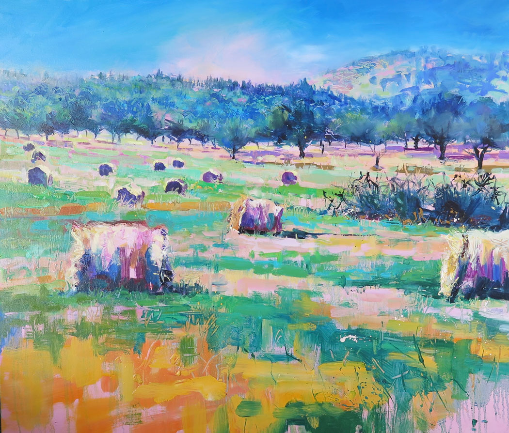 A colourful painting of harvest field with circular hay bales, blue skies and yellow ground
