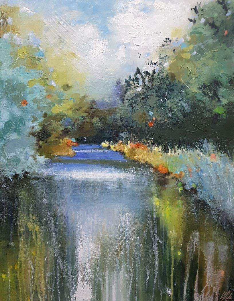 A colour semi abstract landscape painting of river with trees reflected in water