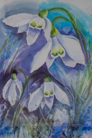 snowdrops close up on blue green background mixed media